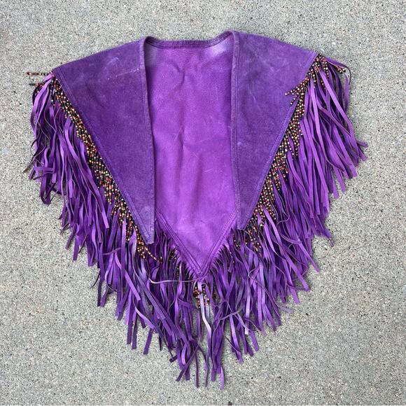 Vintage Purple Leathercraft Process of America Suede Fringe Beaded Shawl Cape - Picture 1 of 9